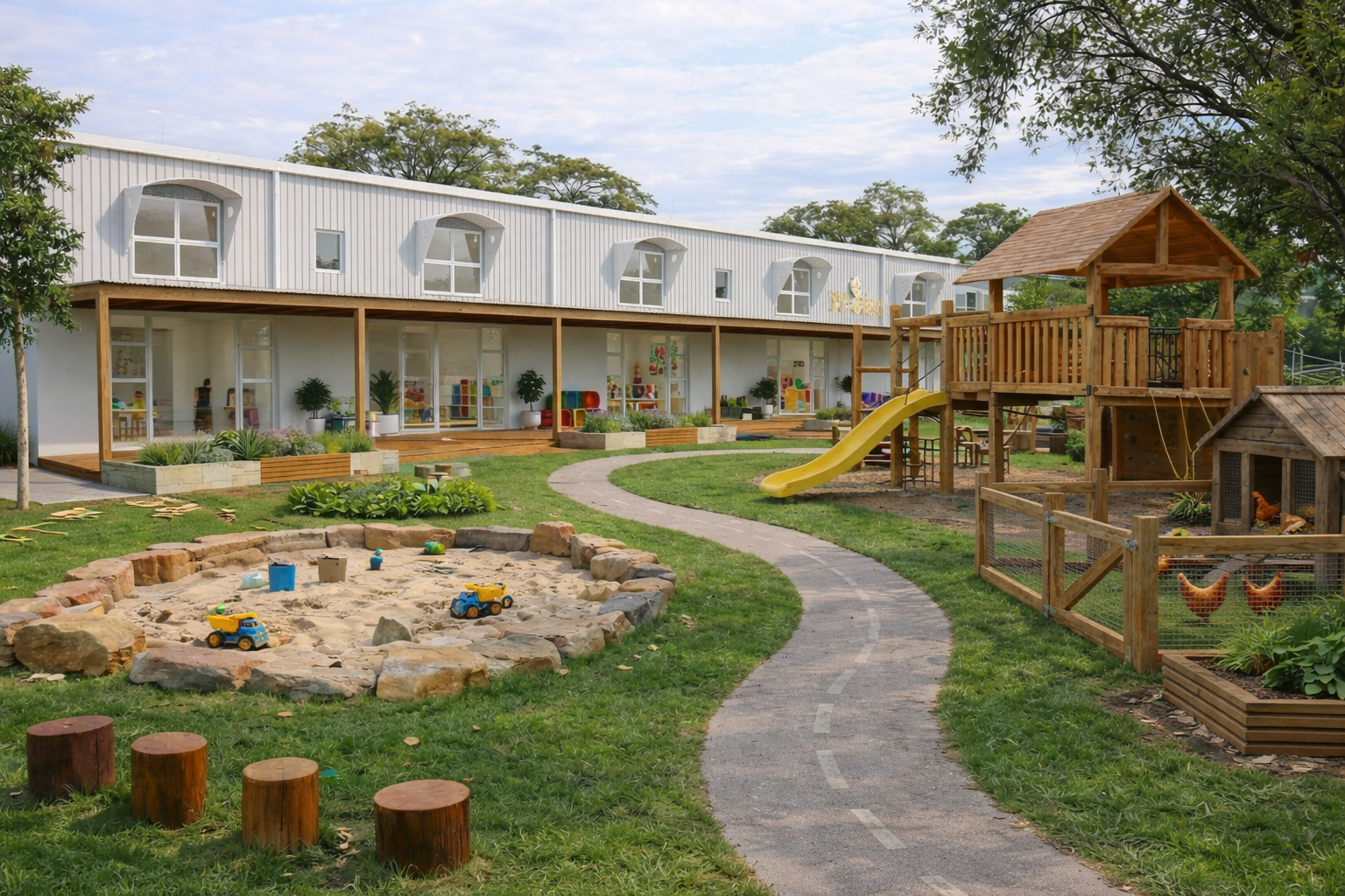 A children's playground with a sandbox, toy trucks, a slide, and a wooden playhouse, surrounded by a grassy area and a building with large windows in the background.