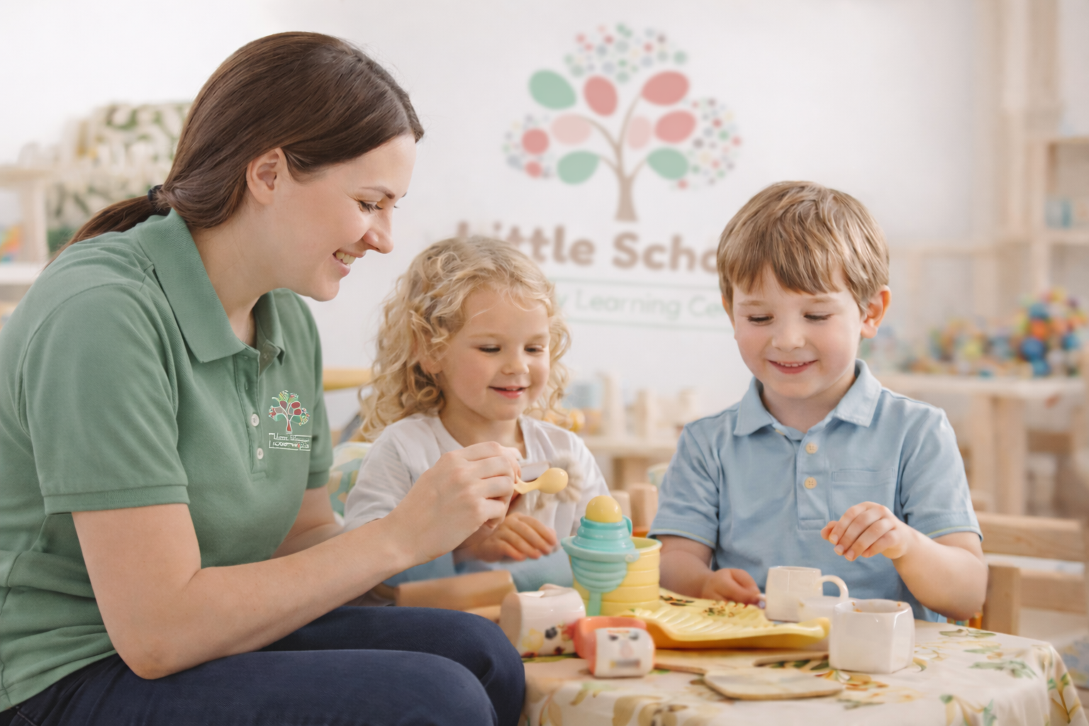 A caring childcare educator playing with two young children at a table in a classroom with a colorful logo and a tree on the wall in the background.