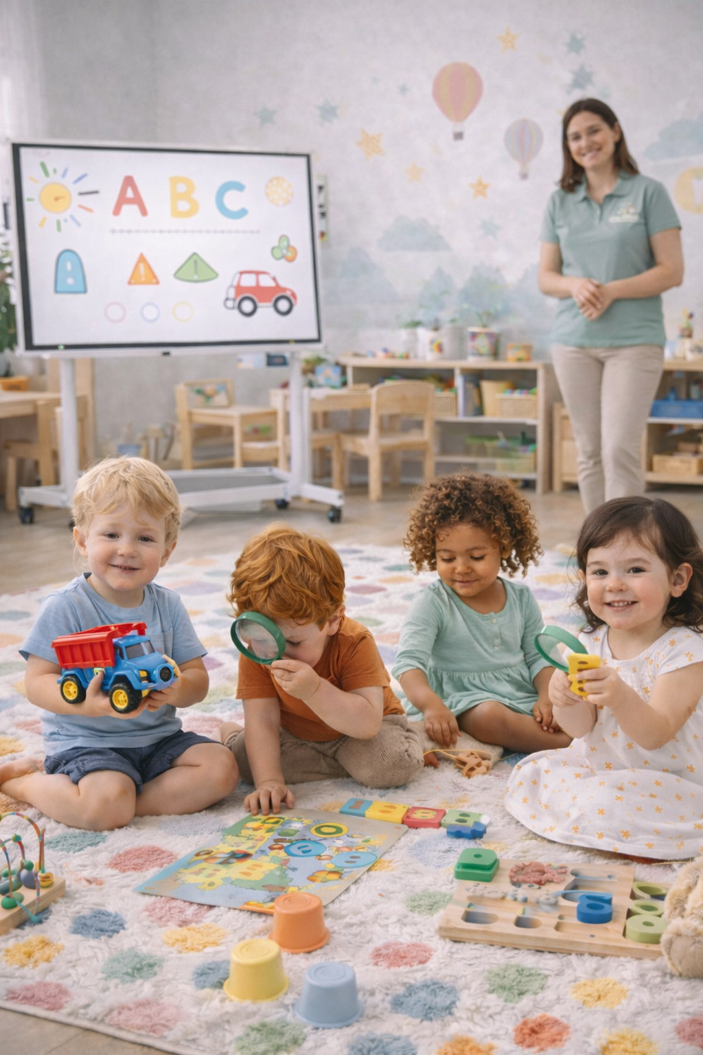 Four children sitting on a colorful rug playing with toys, while a Pre-Prep teacher stands in the background next to a whiteboard with letters and shapes in a  Pre-Prep classroom.