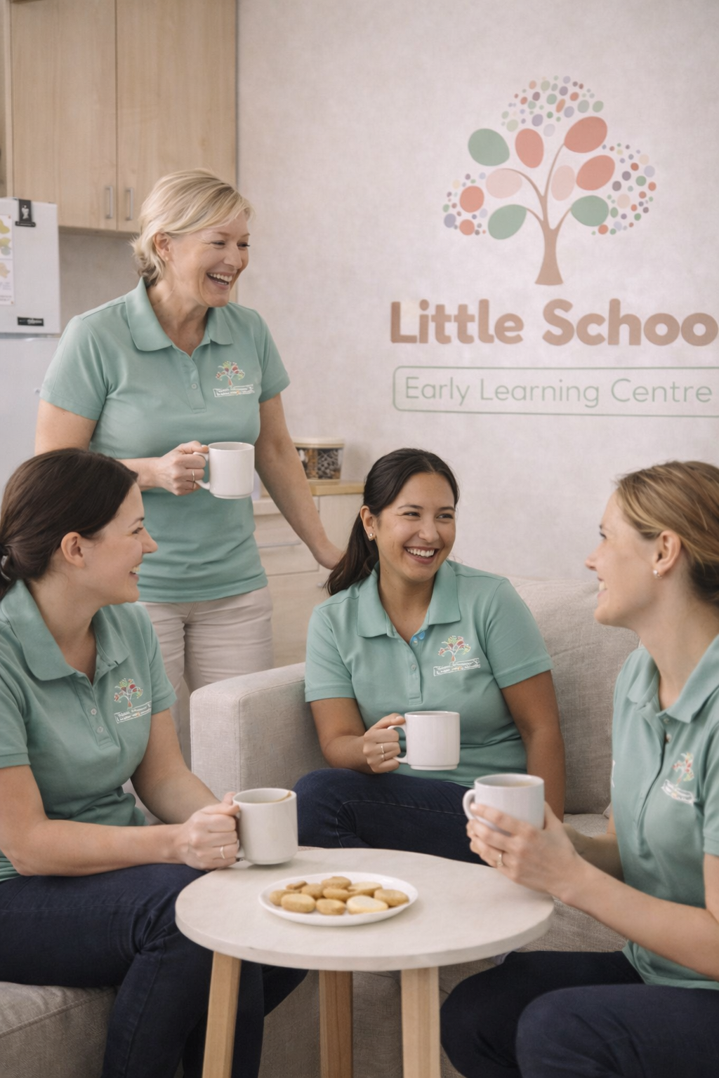 Four childcare educators in green uniforms, sitting and standing in a break room at a childcare centre named 'Little School Early Learning Centre,' having coffee and smiling.