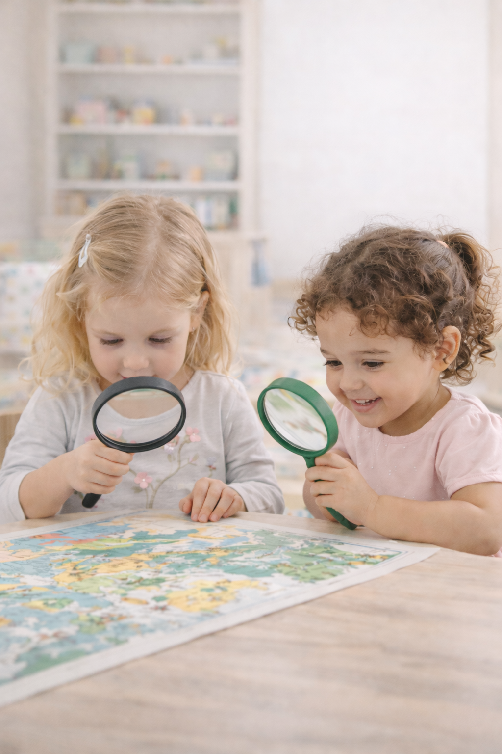 Two young girls examining a map with magnifying glasses in a classroom or playroom setting.