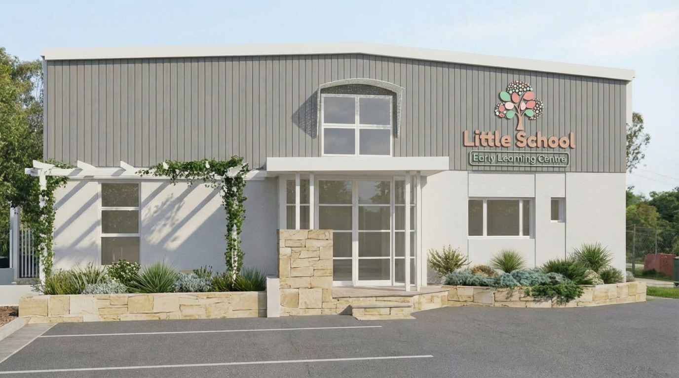 Modern two-story childcare centre with a sign that reads "Little School, Early Learning Centre," surrounded by landscaped garden and parking lot.
