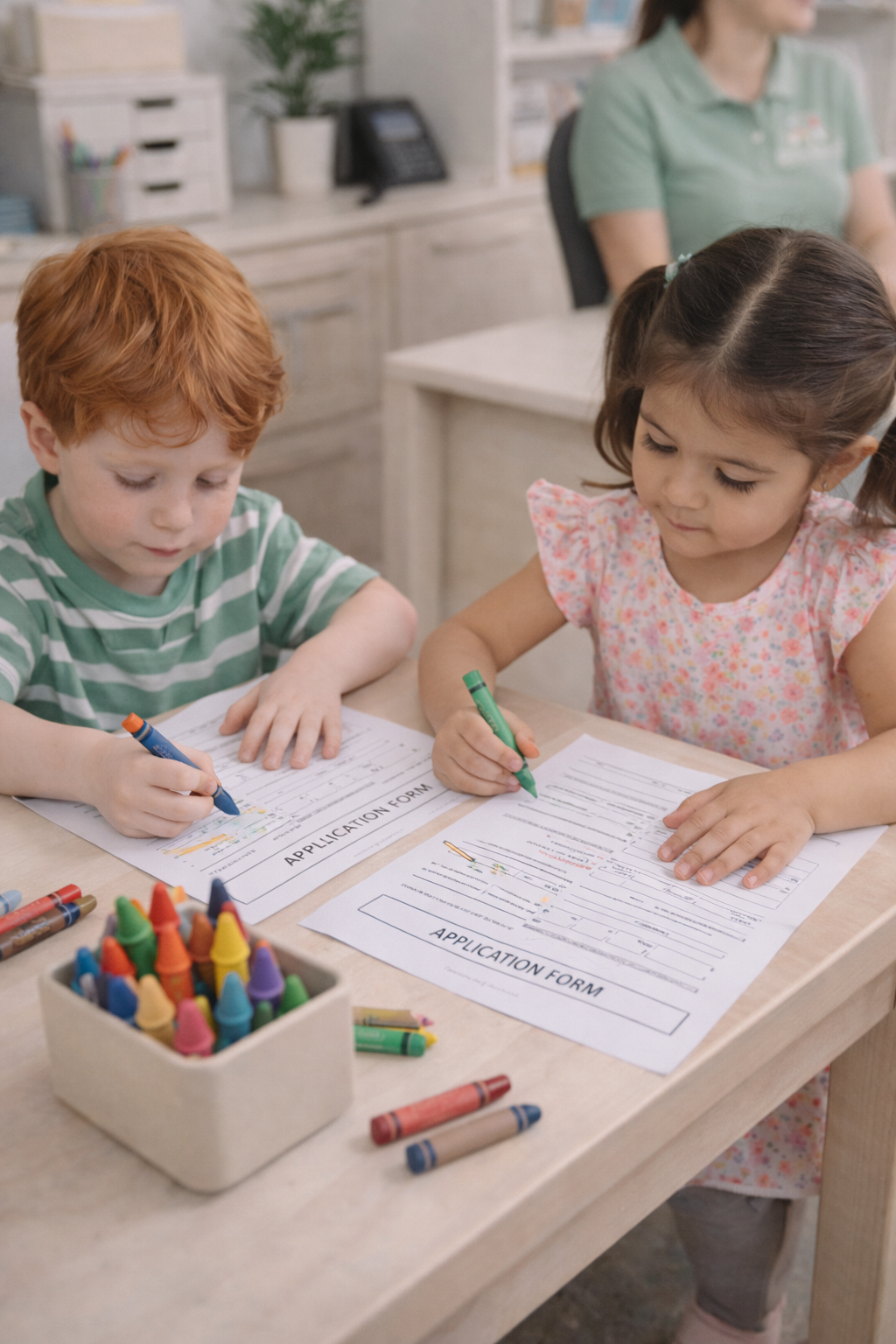 Two young children, a boy with red hair and a girl with dark hair, are sitting at a table working on application forms with colorful markers with an Educator in the background.