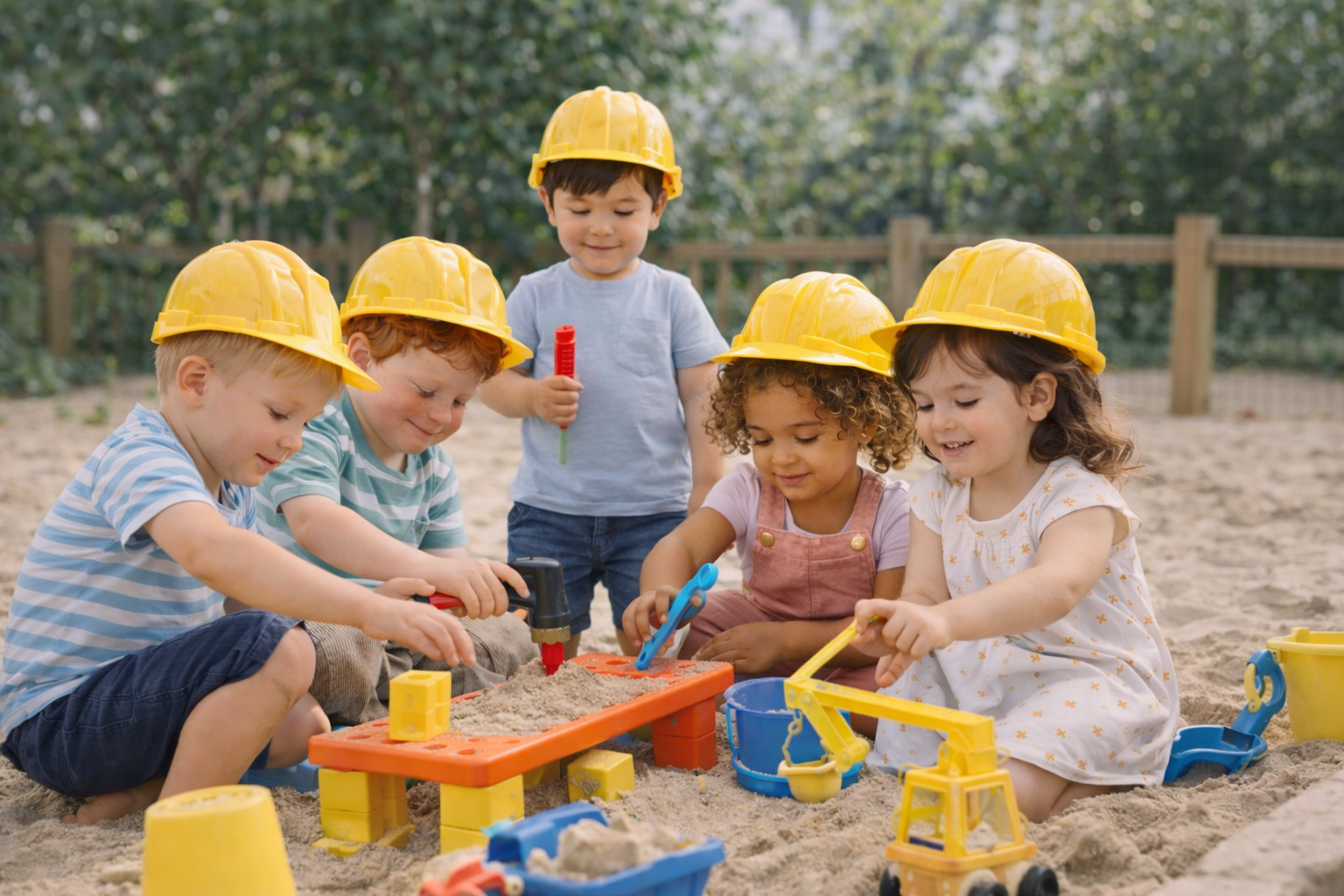 Group of five children wearing yellow construction hats playing in a sandbox with toys and small construction equipment outdoors.