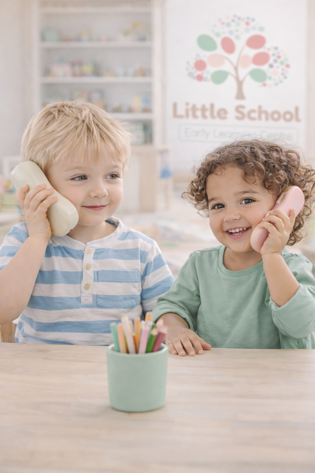 Two young children, a blonde boy and a curly-haired girl, sitting at a table in a classroom, talking on vintage-style phones, with a container of colored pencils in front of them and a sign that reads 'Little School' in the background.