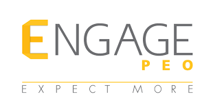 Logo with the word 'ENGAGE' featuring a stylized orange letter 'E' and the words 'PEO' and 'EXPECT MORE' beneath.
