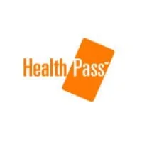 HealthPass logo with orange text and an orange rectangle