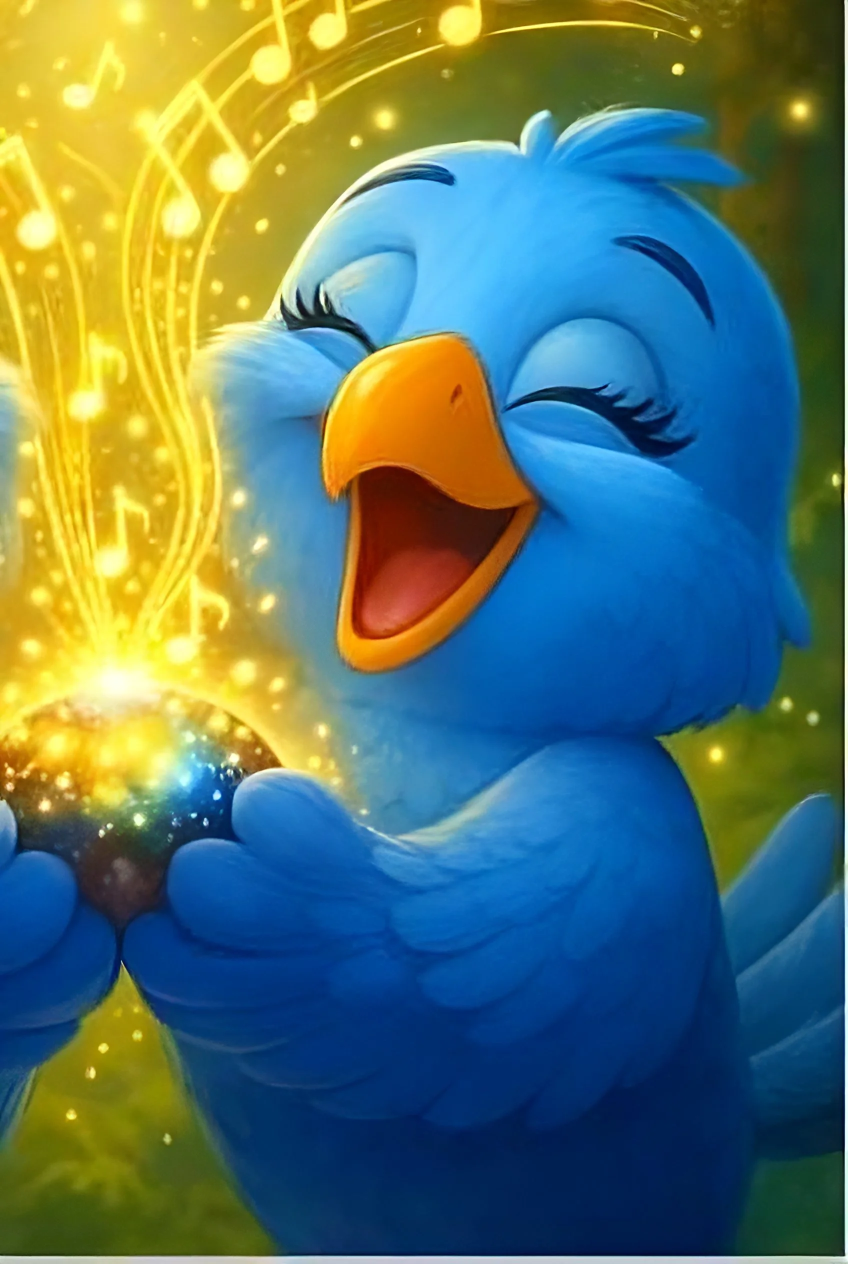 A cartoon blue bird with a yellow beak, smiling with eyes closed, holding a glowing orb emitting golden sparkles and musical notes.