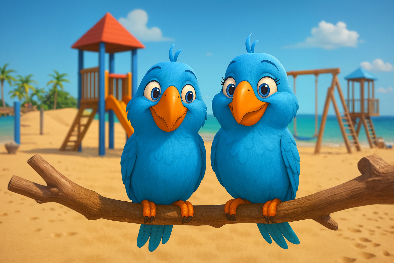 Two animated blue birds with orange beaks sitting on a beach branch, with a playground and the ocean in the background.