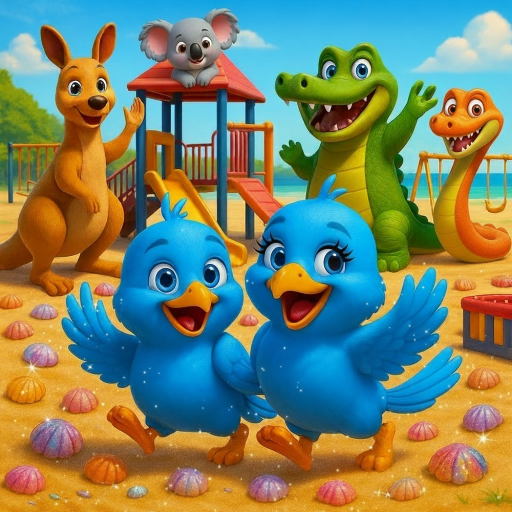 Colorful animated scene featuring various cartoon animals at a beach playground: two blue bird characters in front, an orange kangaroo, a gray koala on a play structure, a green crocodile, and an orange snake. The scene is decorated with seashells and a clear blue sky.