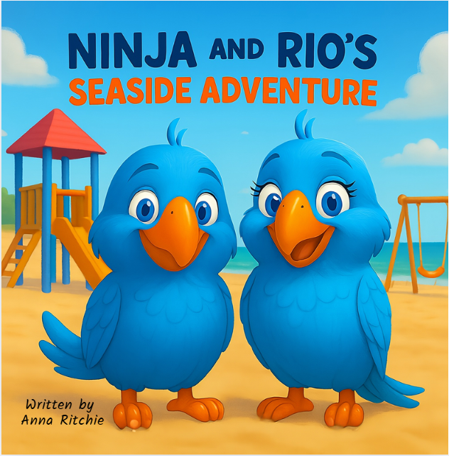 Cover art for 'Ninja and Rio's Seaside Adventure,' featuring two cartoon blue parrots with orange beaks on a beach, with a playground in the background and the title displayed at the top.