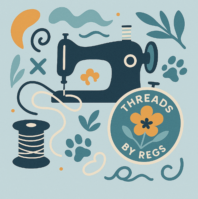 Illustration of a sewing machine surrounded by thread spools, leaves, and paw prints, with a circular badge reading "Threads by Regs" and featuring a flower.