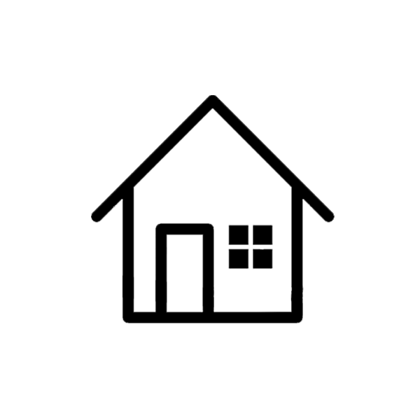 Outline drawing of a house with a door and window, and a clock on the roof.