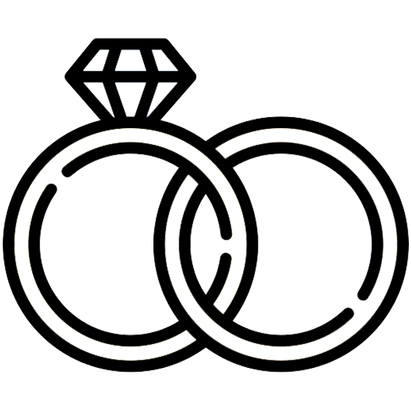 Outline of two interlocking rings, one with a diamond shape on top, resembling a wedding or engagement ring, with a neon glow effect.