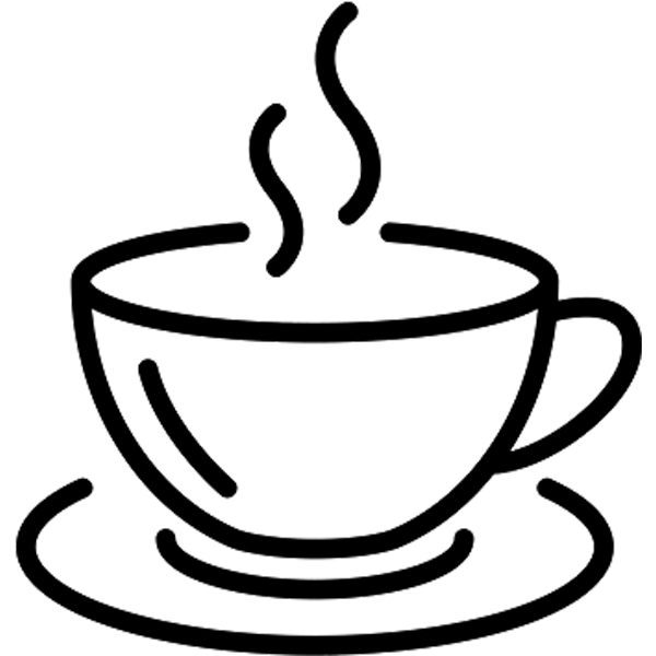 Outline of a steaming coffee cup on a saucer.