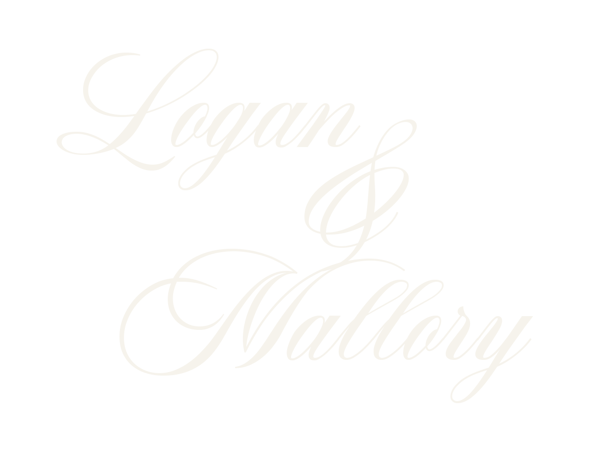 Elegant text logo with the words "Logan & Mallory" in cursive font, color beige on a transparent background.