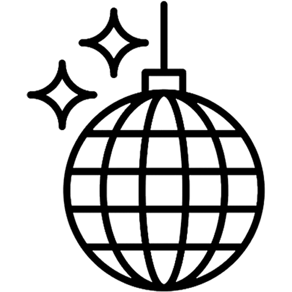 Outline of a disco ball with sparkles above it.