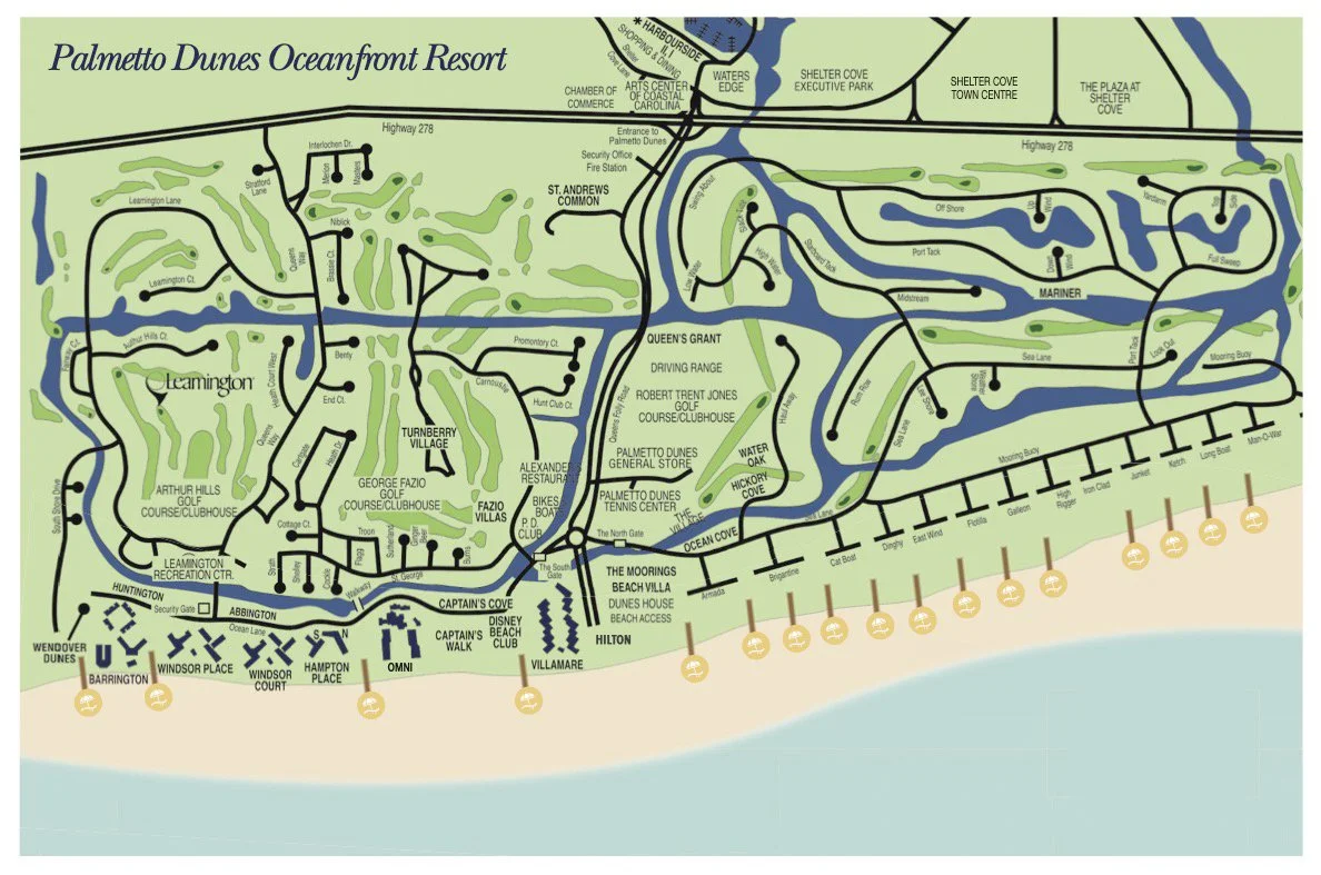 A detailed map of Palmetto Dunes Oceanfront Resort showing golf courses, residential areas, parks, beaches, and various amenities along the coastline.