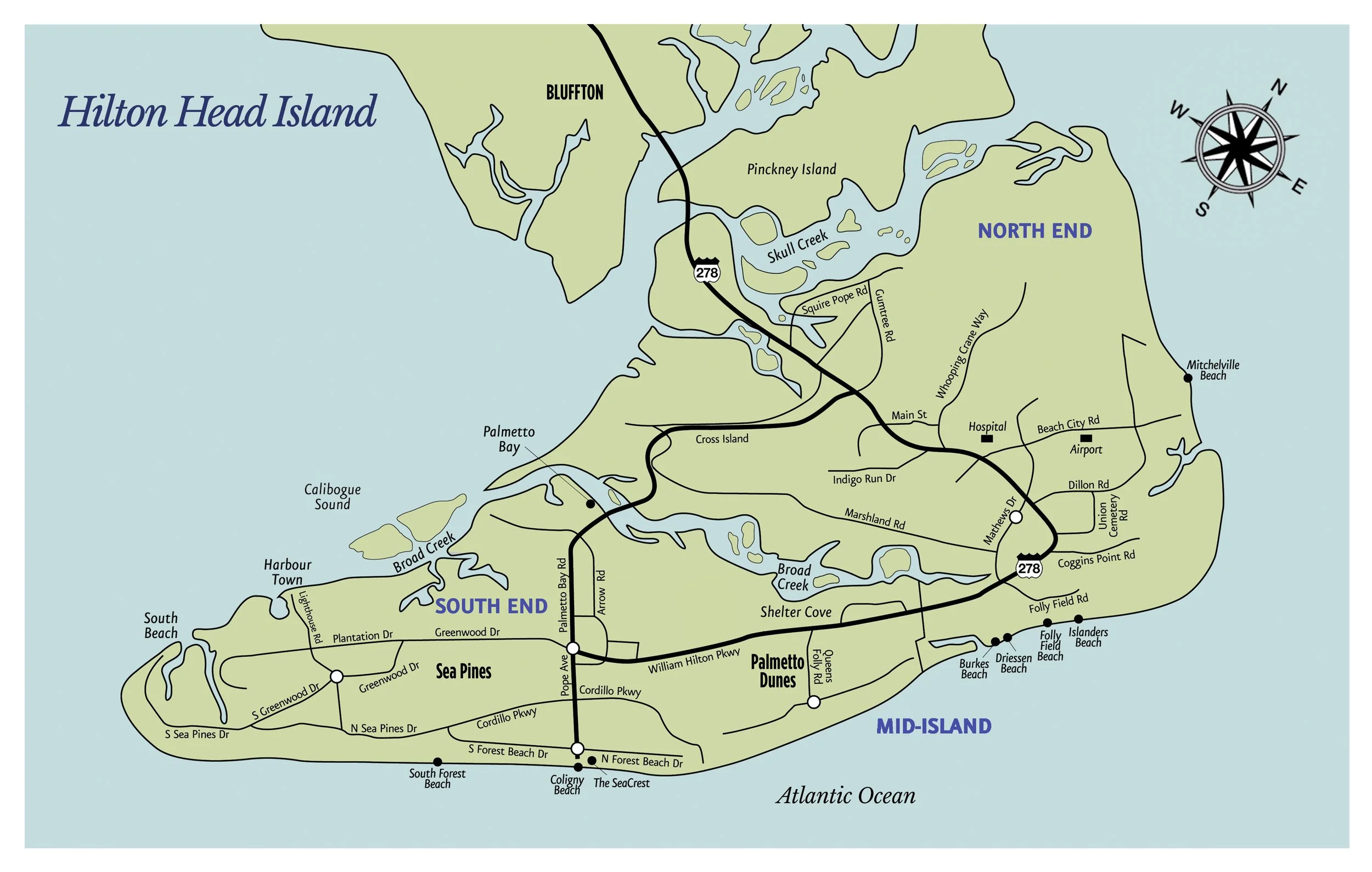 Map of Hilton Head Island showing different regions: North End, South End, Mid-Island, and surrounding water bodies, roads, beaches, and landmarks.