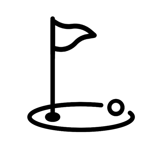 Simplified line drawing of a golf hole with a flagstick, golf ball, and a curved path around the hole.