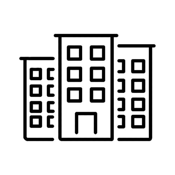 Outline drawing of three tall apartment buildings with multiple windows.
