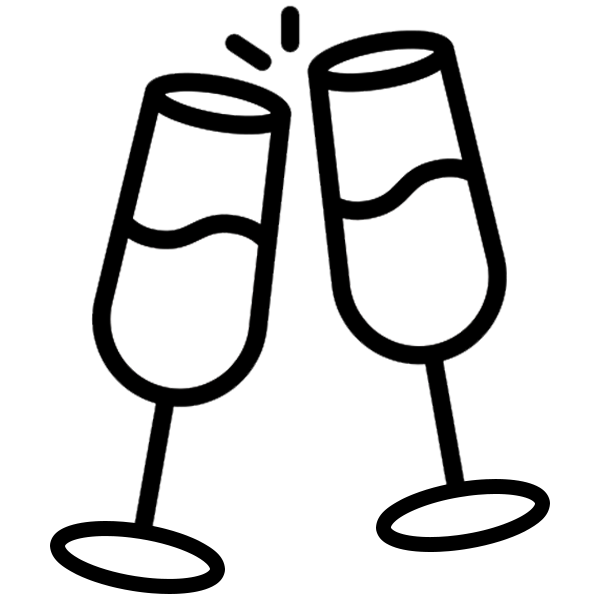 Outline drawing of two glasses clinking in a toast