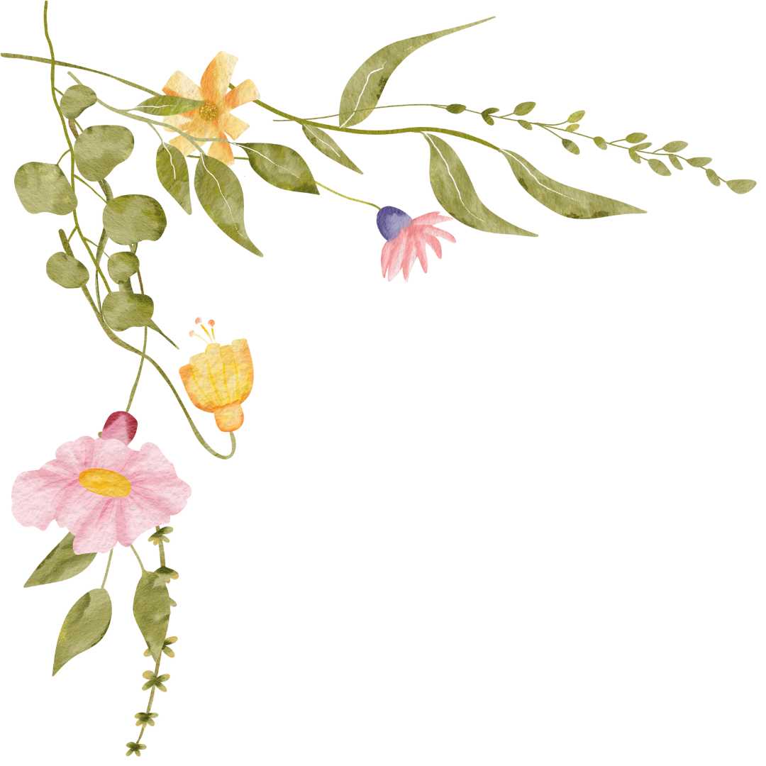 Watercolor illustration of various flowers and green leaves in the top left corner.