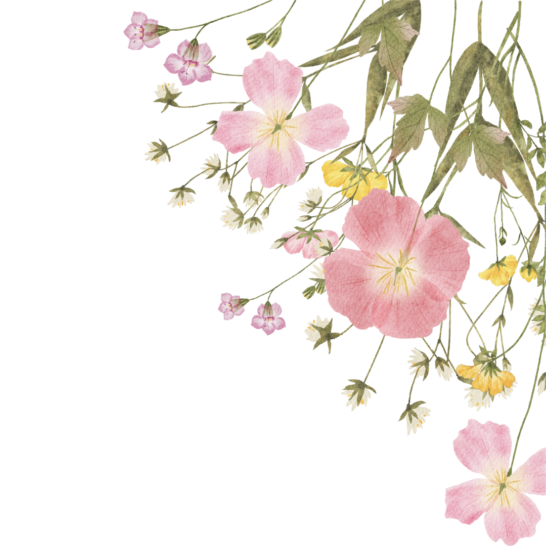 Watercolor illustration of pink, white, and yellow flowers with green leaves arranged along the side of the image.