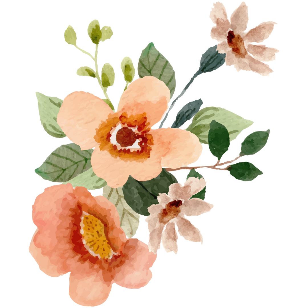 Watercolor illustration of a floral arrangement with peach and white flowers, green leaves, and small buds.