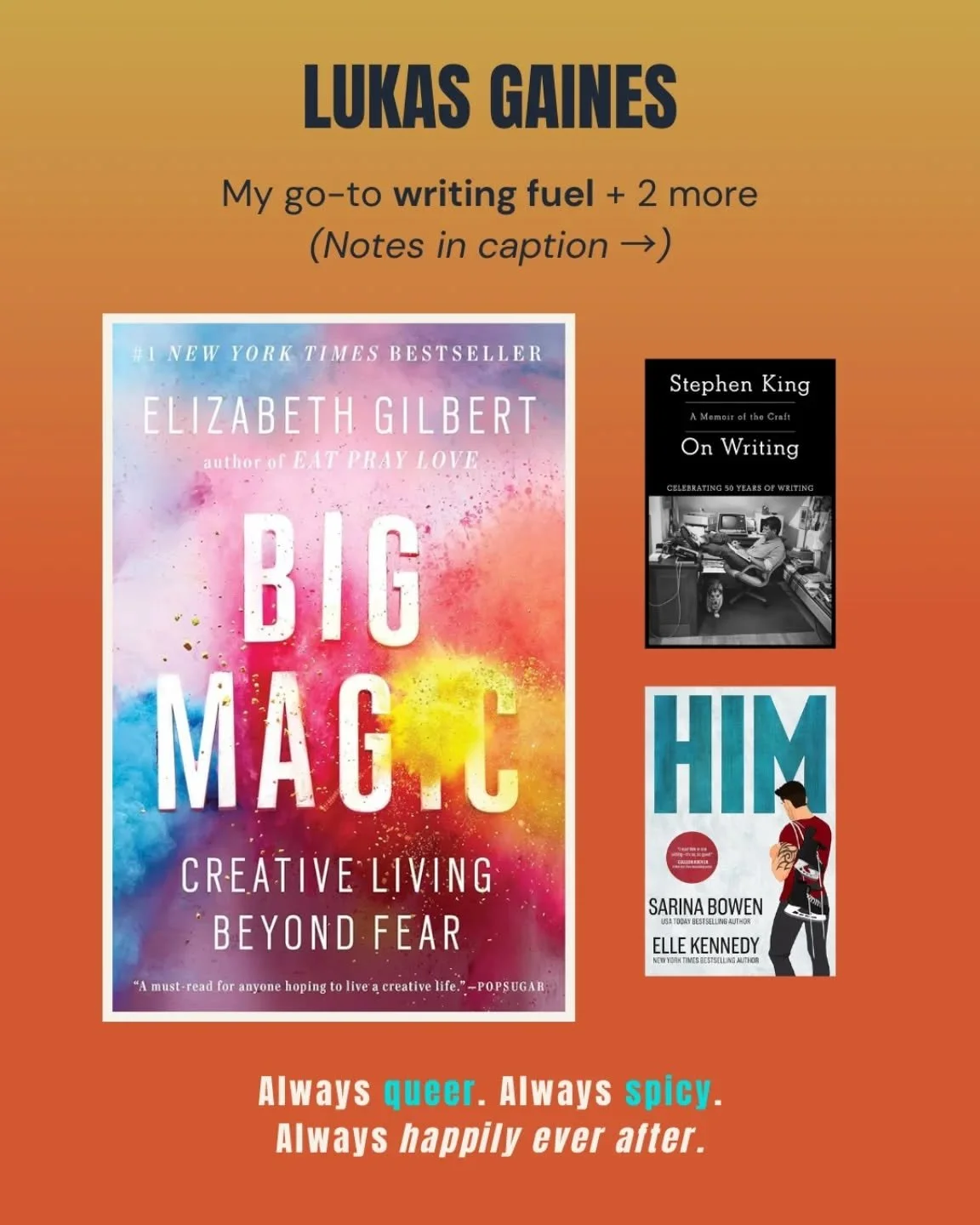Whenever I need a dose of inspiration, I love turning to these books.

1) Big Magic. For the full effect, watch Elizabeth Gilbert's TED Talk and then read Big Magic. This reminds me how wonderfully weird writers are, and how beautifully magical the p
