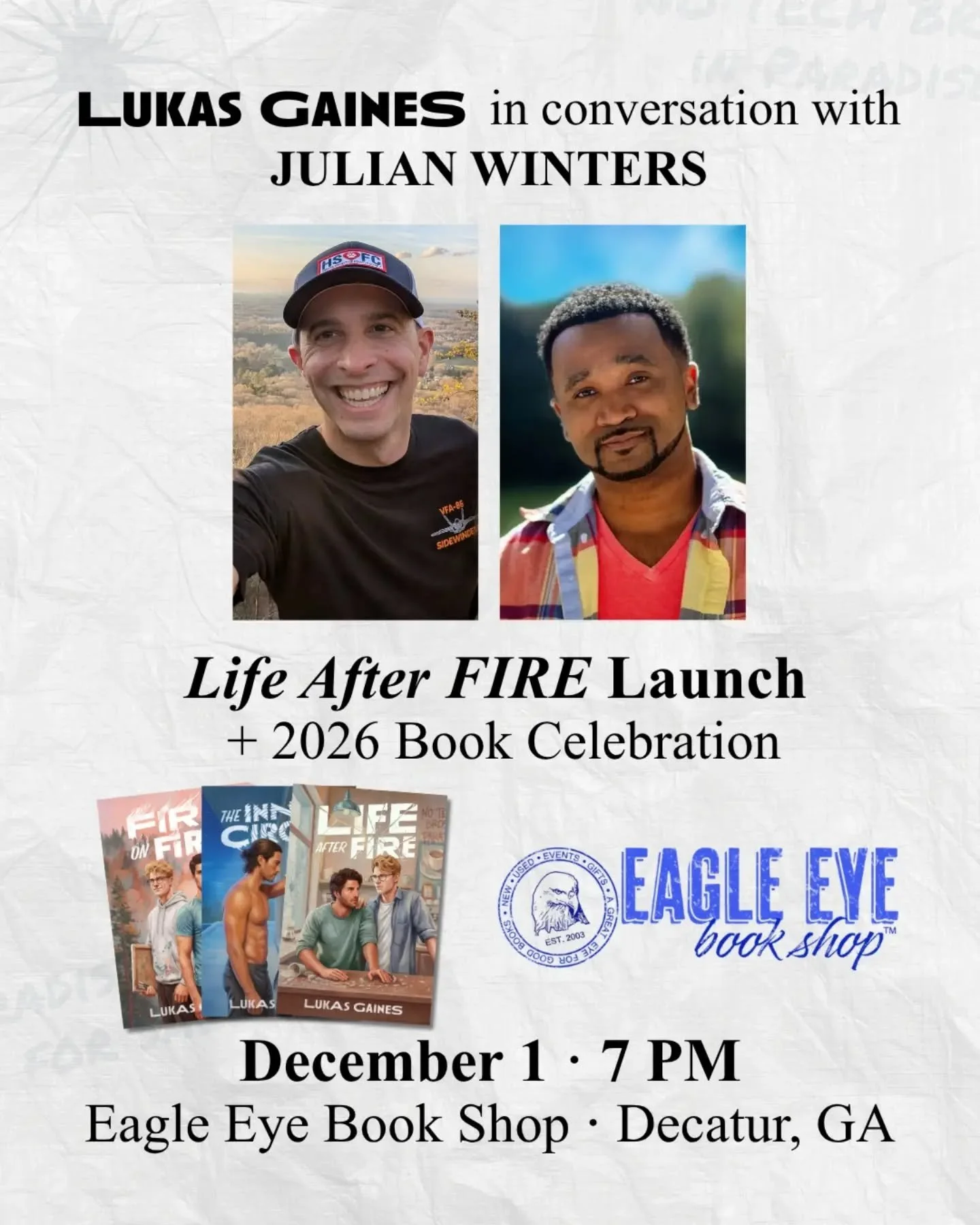 December 1! 🎉 @wintersjulian and I will be at @eagleeyebooks celebrating the launch of Life After FIRE and my first year publishing queer romance!

I couldn't be more grateful to Julian, who was generous with his advice and encouragement before I ev