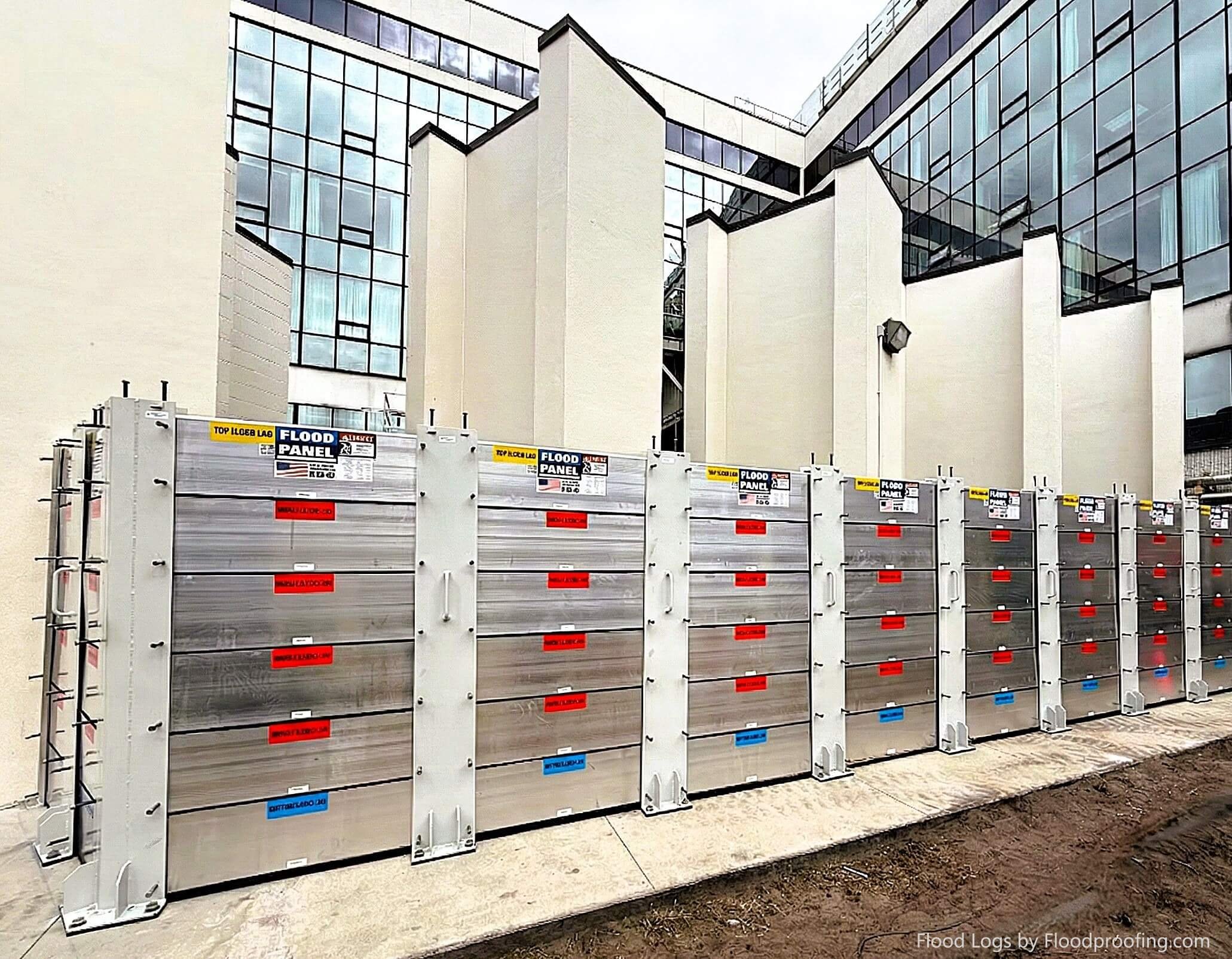 Deployable aluminum flood barrier system installed at HCA Florida Largo Hospital to protect critical healthcare facility from flood events.