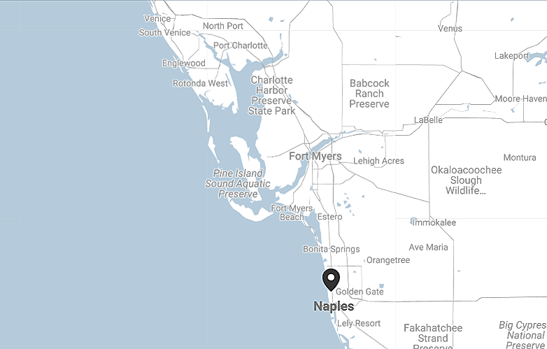 Map of southwestern Florida showing Naples, Fort Myers, Charlotte Harbor, and the surrounding areas along the coastline.