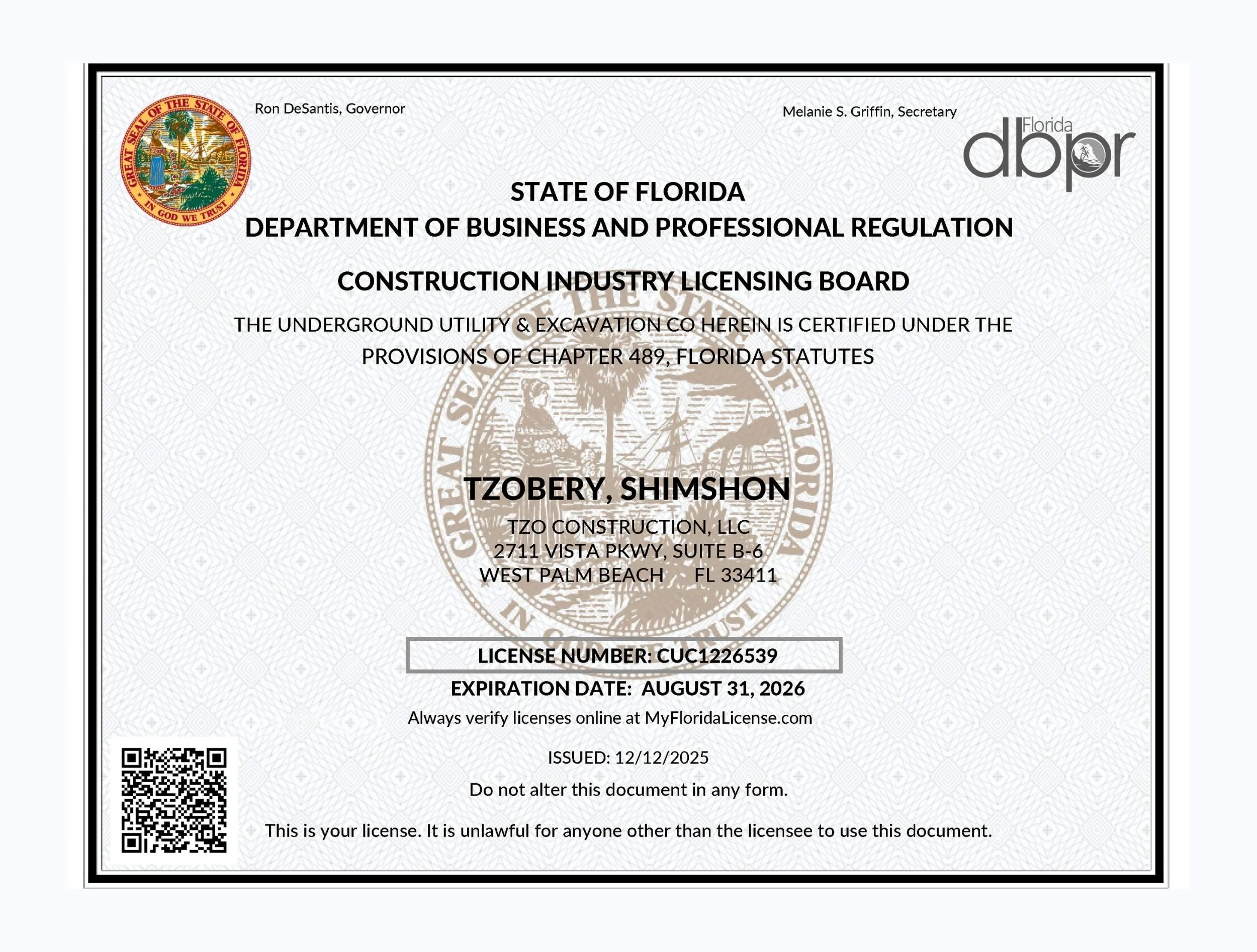Florida Utility and Underground Contractor license held by FloodReady leadership