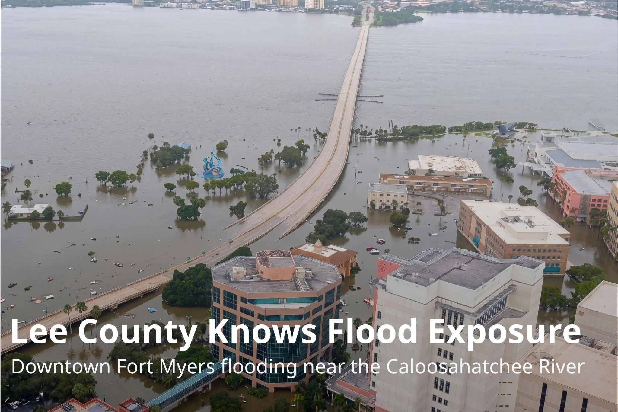Aerial view of flooded downtown Fort Myers and Lee County waterfront