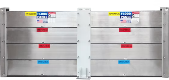 Aluminum flood log barrier system components designed for modular stacking and watertight sealing.