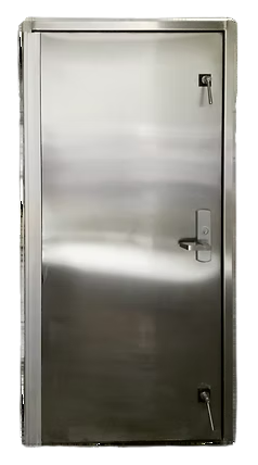 Stainless steel commercial flood doors designed for watertight sealing at critical facility entrances.