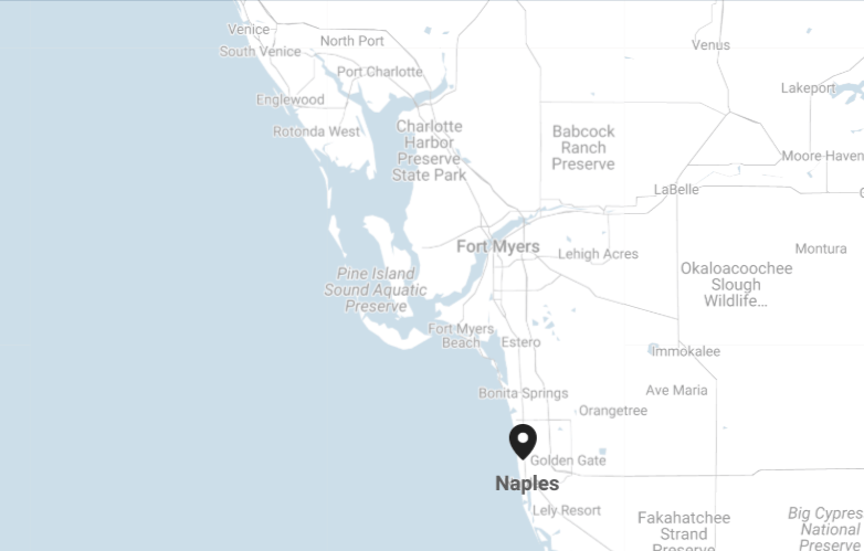 Map showing FloodReady primary service area across Southwest Florida including Naples and surrounding coastal counties