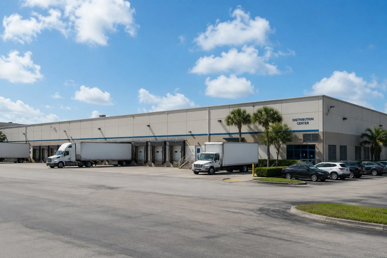 Large warehouse and distribution center with loading docks, trucks, and industrial operations in Southwest Florida.