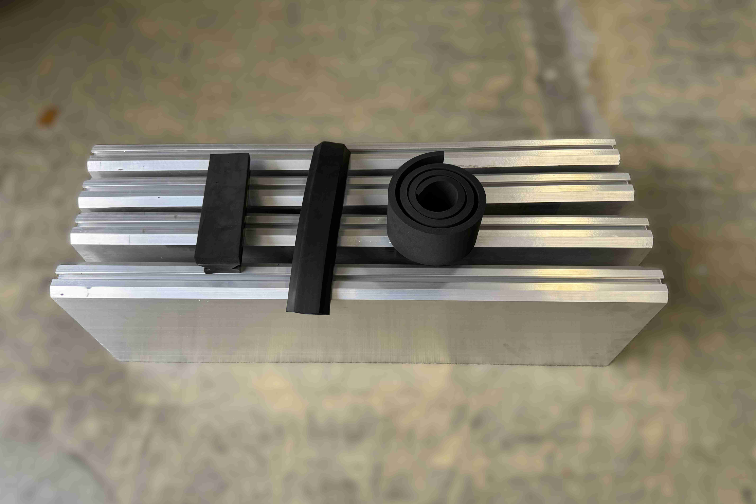 Flood barrier components including aluminum panels and gaskets spare parts prepared for maintenance and service.