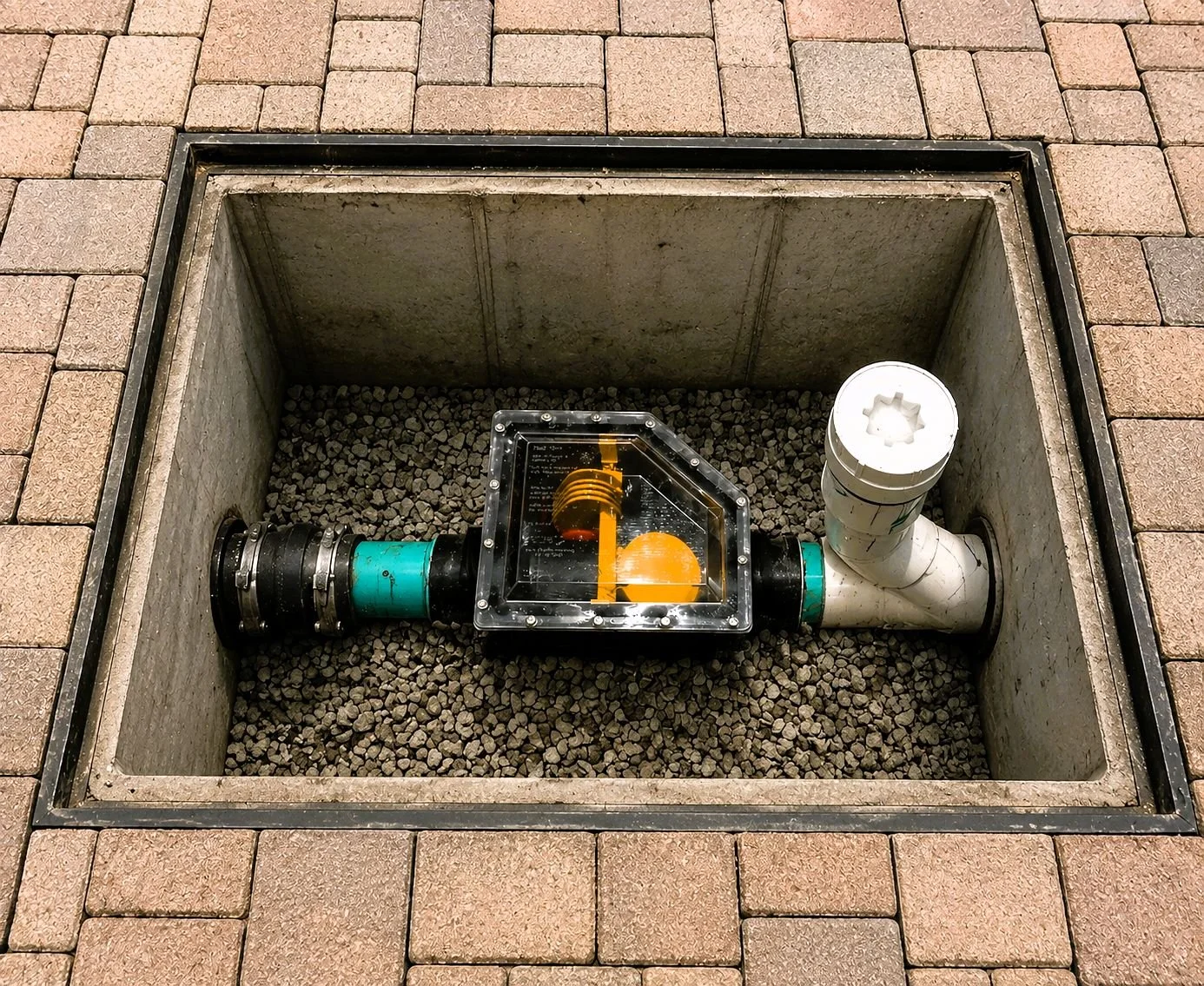 Backflow prevention assembly installed inside a concrete utility vault surrounded by pavers.