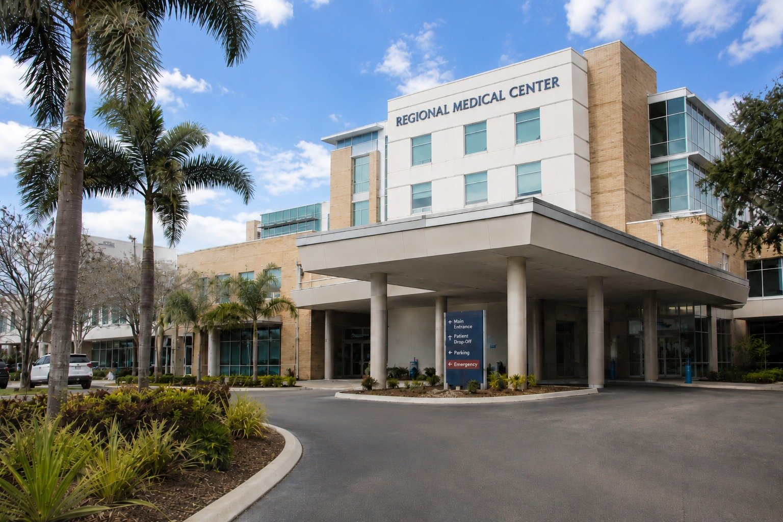 Regional medical center with hospital entrance and landscaped grounds in Southwest Florida.