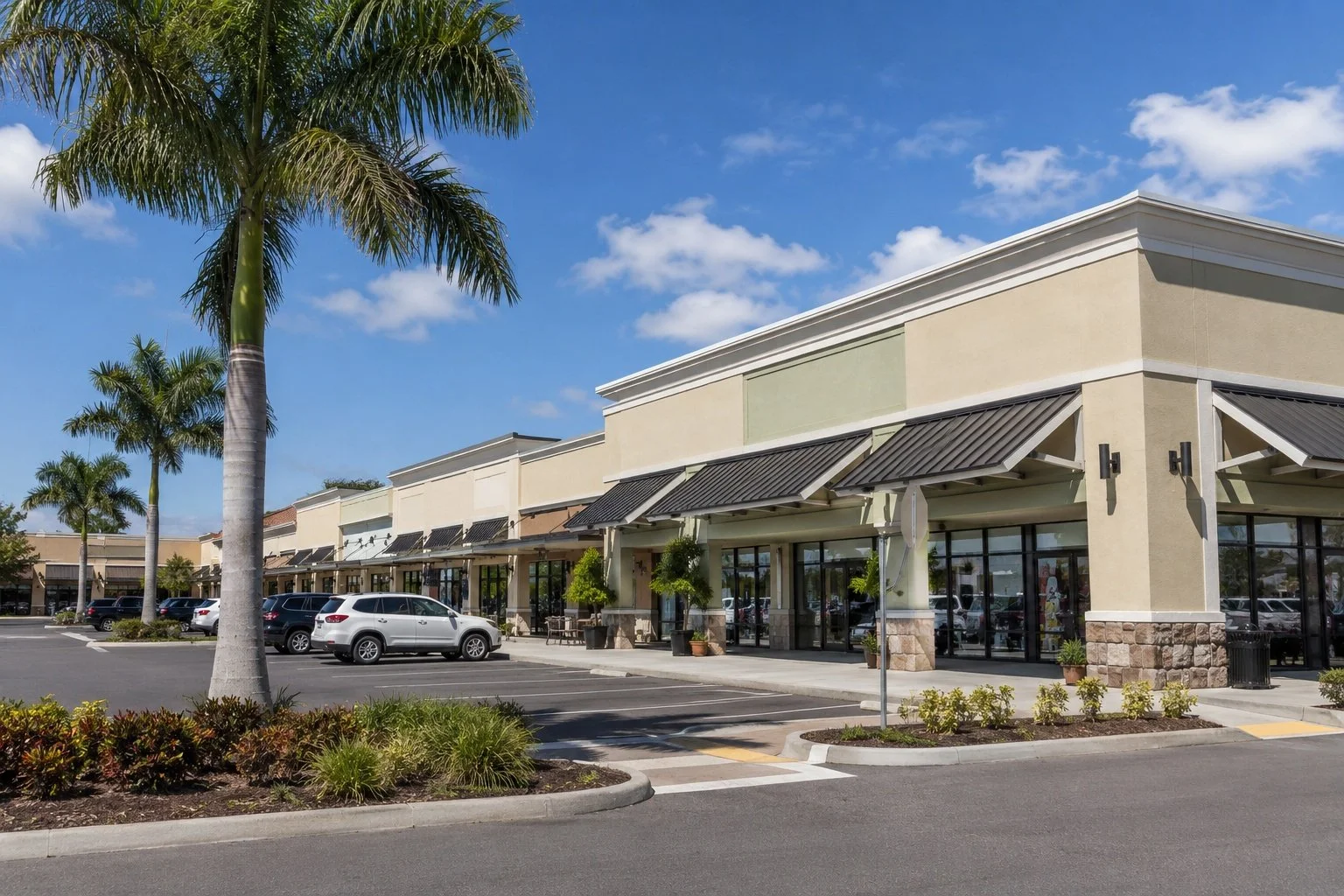 Low-rise commercial shopping center with storefronts and palm-lined parking in Southwest Florida.