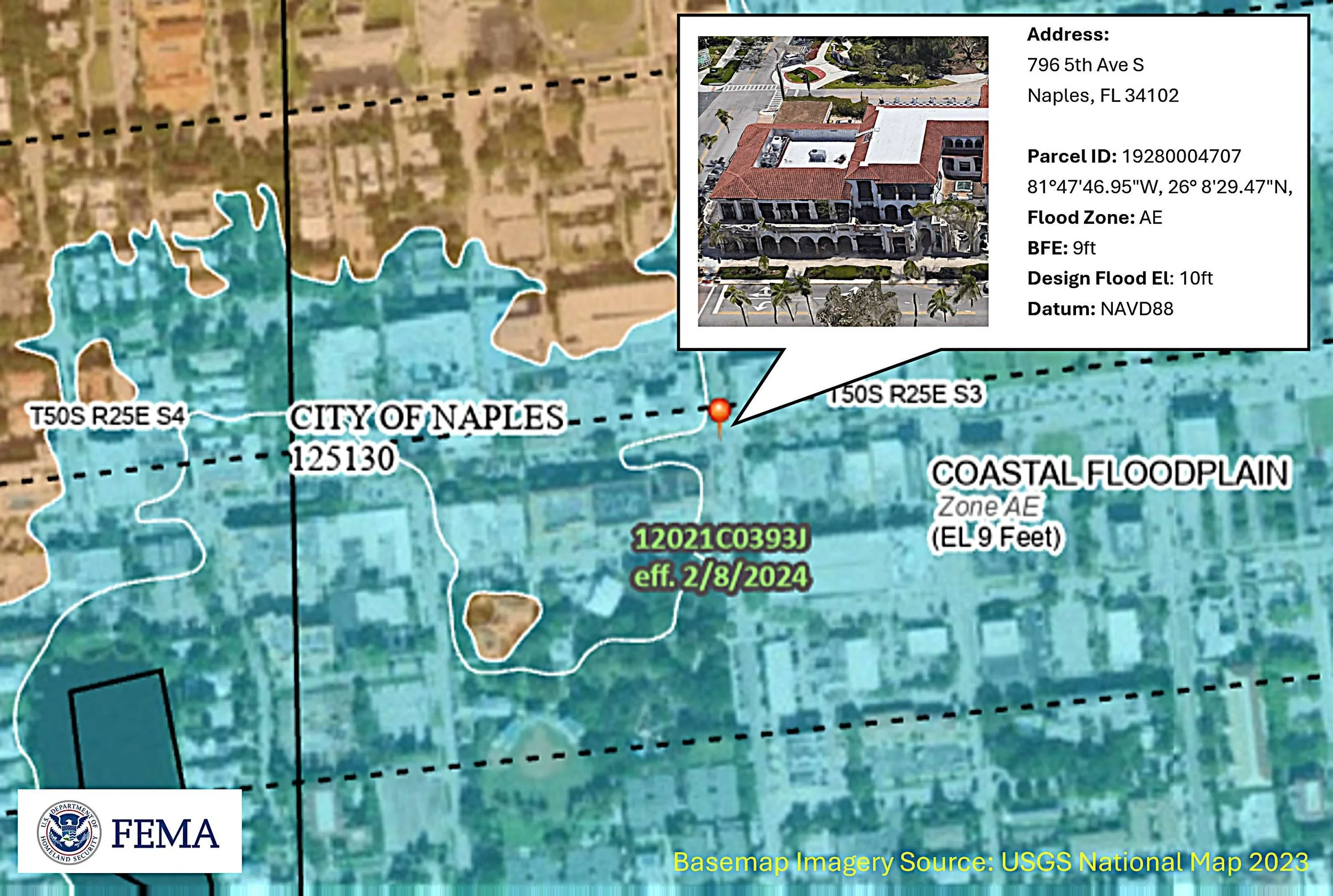 FEMA flood zone map review for commercial property in Southwest Florida during site inspection and flood risk assessment.