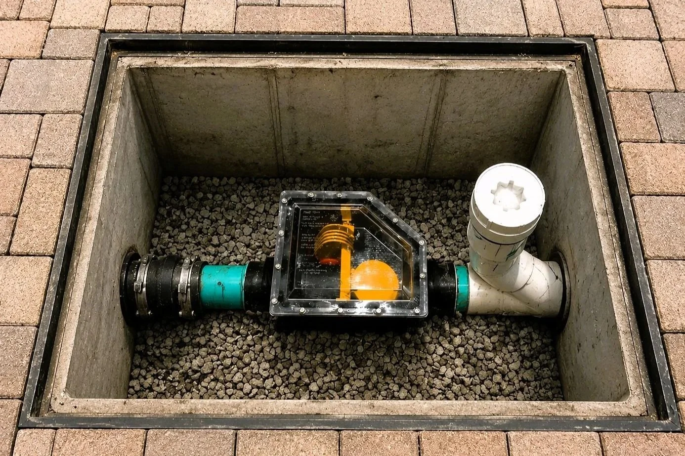 Backflow prevention assembly installed inside a concrete utility vault surrounded by pavers.