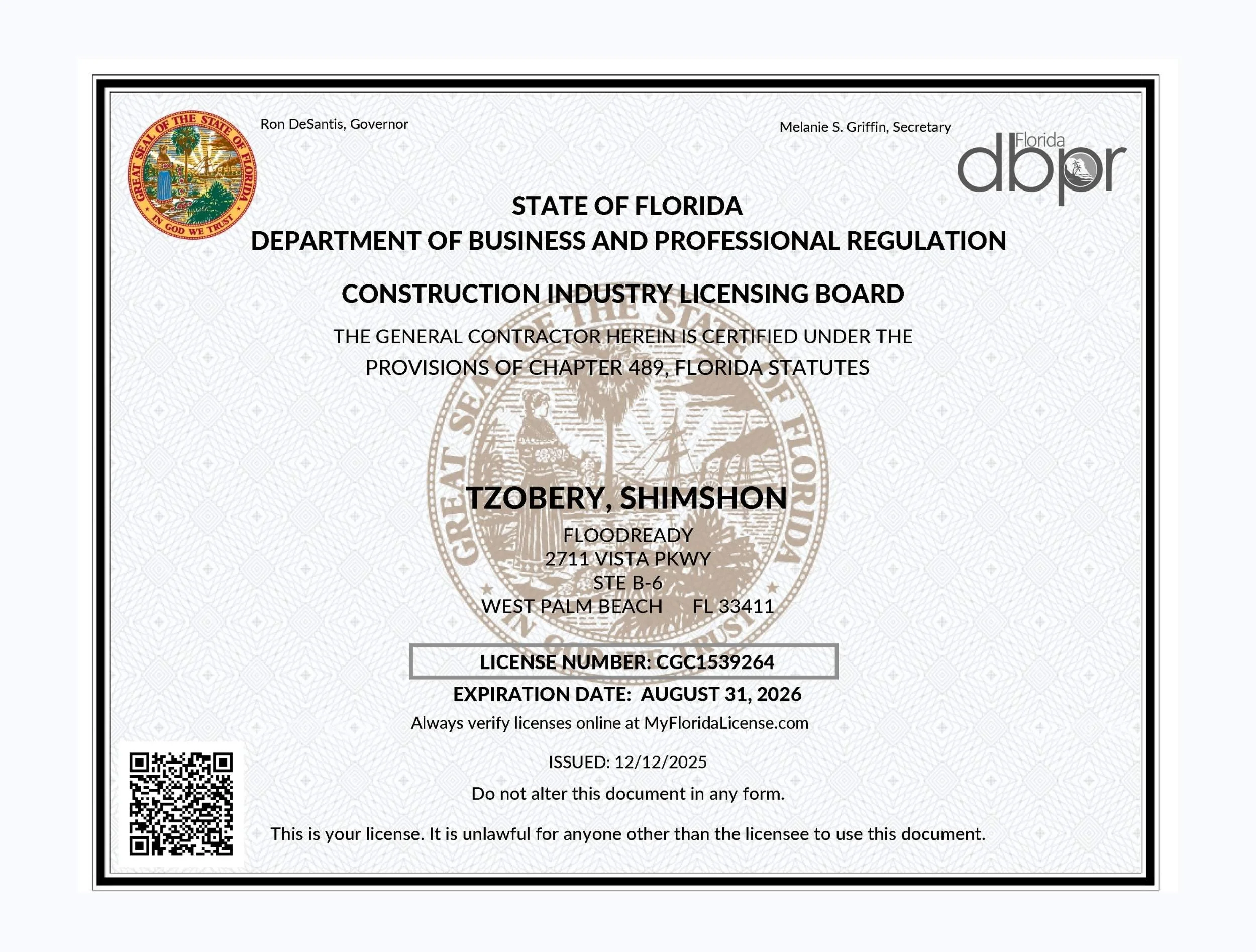 Florida General Contractor license held by FloodReady leadership