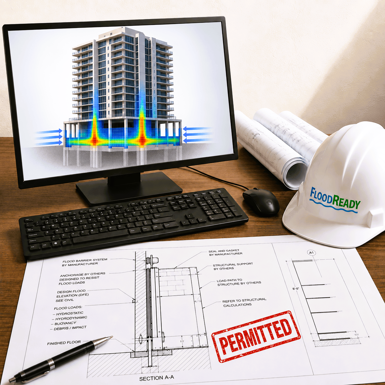 Flood engineering workstation showing a high-rise structural stress analysis, flood-load arrows, permit drawings, and a FloodReady hard hat.