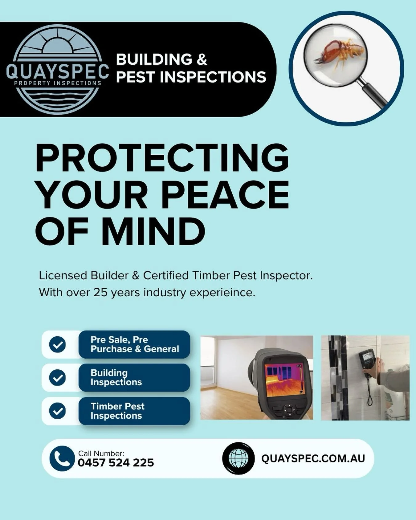 It is with great satisfaction that QuaySpec can now offer Timber Pest Inspections as part of our comprehensive service. We are committed to providing a complete picture of your property&rsquo;s health, and we look forward to delivering this added val