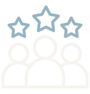 Outline of three people with three stars above them, representing a review or rating.