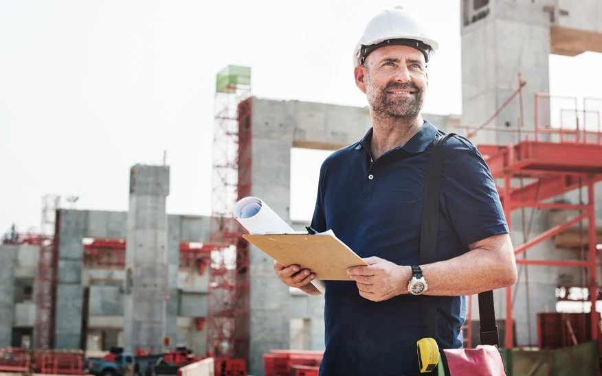 A man in a white hard hat and navy blue polo shirt holding a clipboard with blueprints at a construction site.